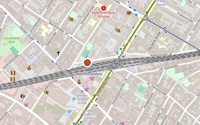 Map showing where Club Bahnhof Ehrenfeld [CBE] is