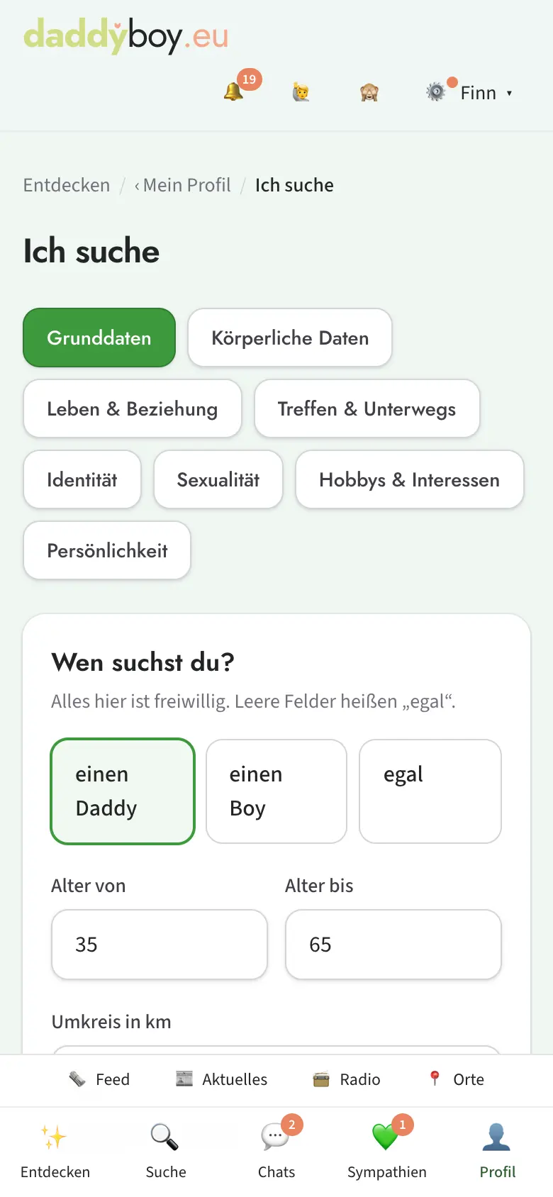 Suchprofil mit Grunddaten und Wünschen