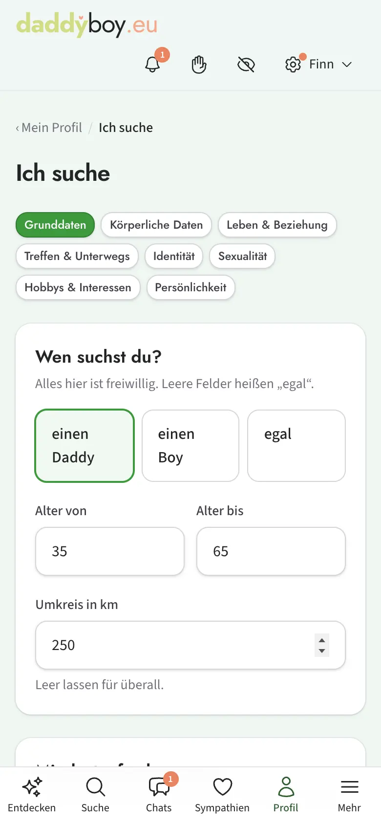 Suchprofil mit Grunddaten und Wünschen