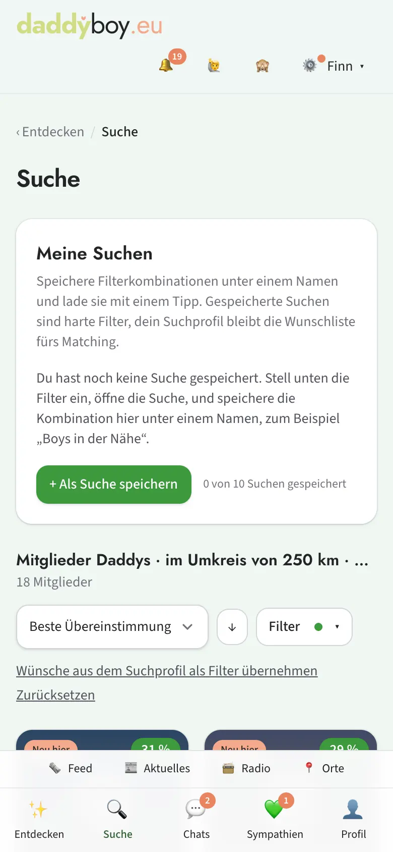 Suchergebnis mit Überschrift, Sortierung und Filterknopf