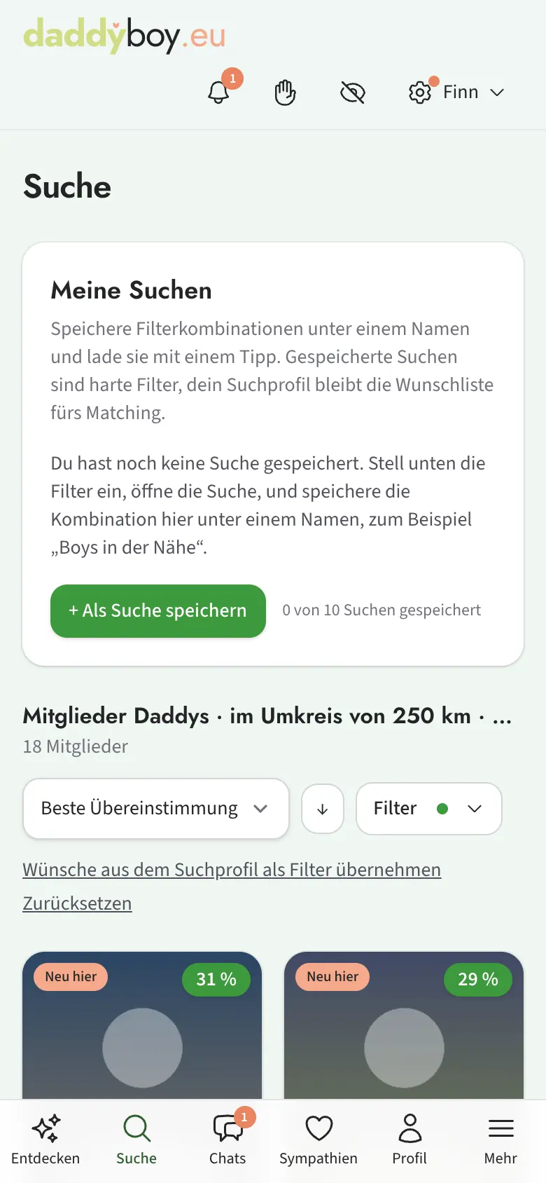 Suchergebnis mit Überschrift, Sortierung und Filterknopf
