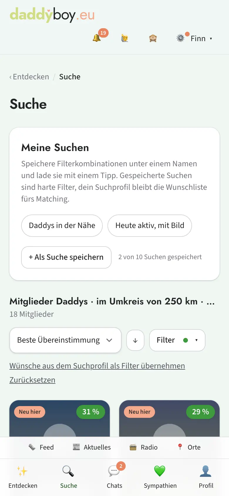 Chips „Meine Suchen“ über den Treffern