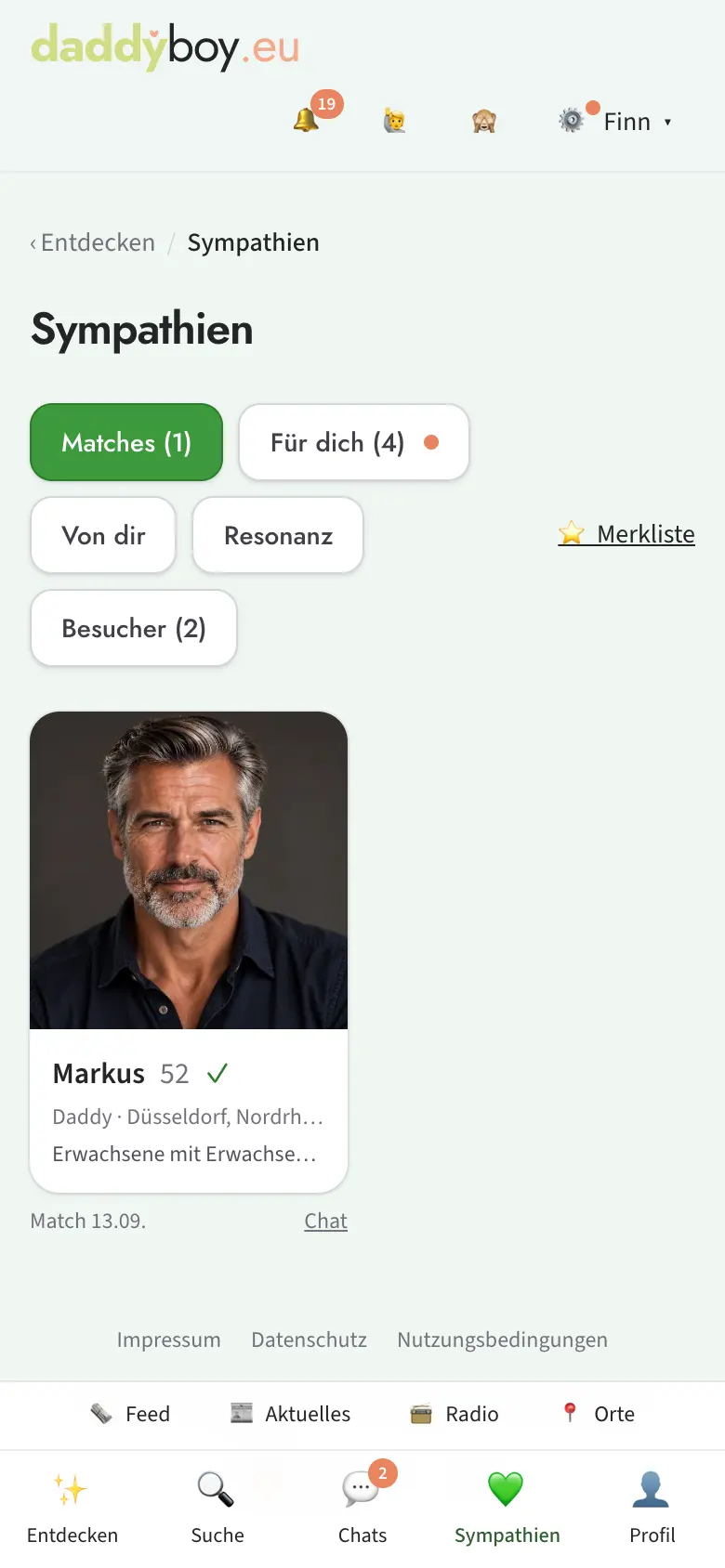 Sympathien mit Match-Bereich