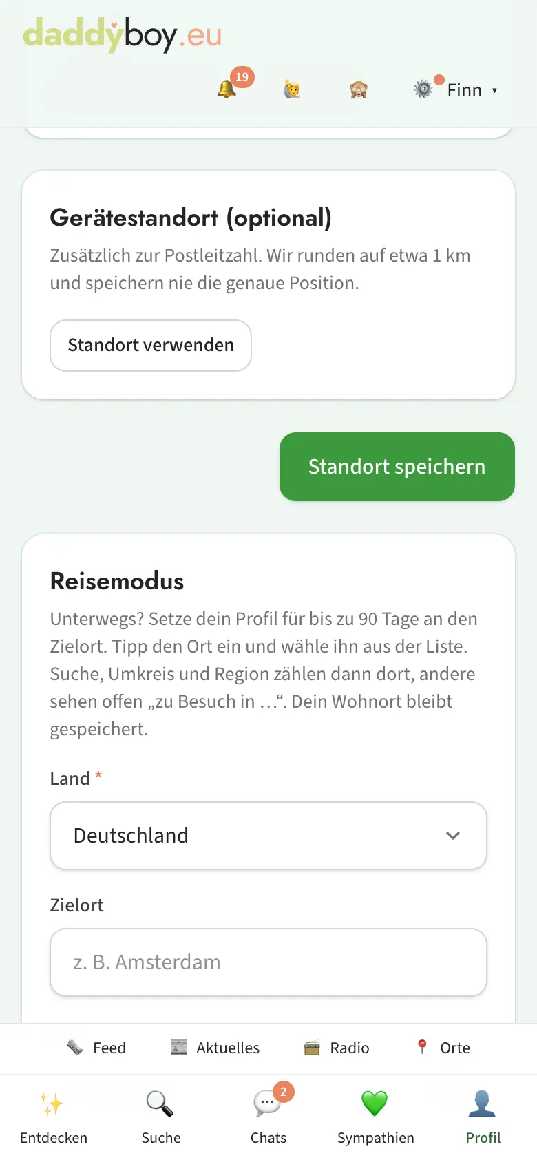 Reisemodus mit Ortsvorschlägen