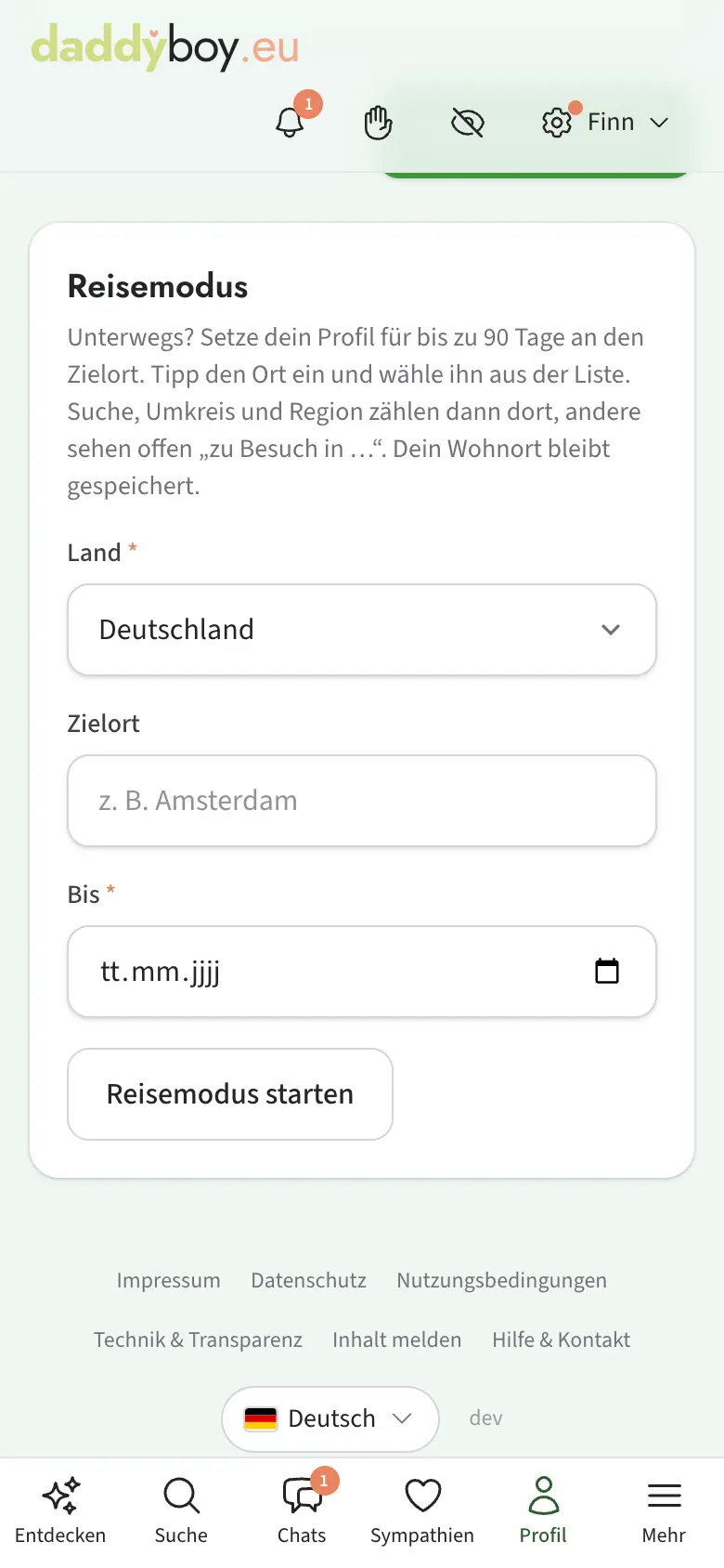 Reisemodus mit Ortsvorschlägen