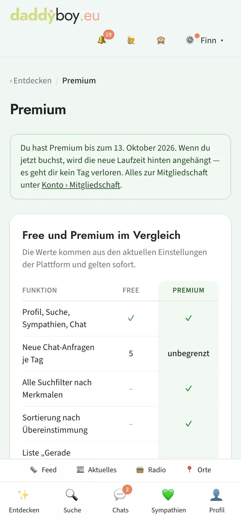 Premium-Seite mit Vorteilen und Laufzeiten