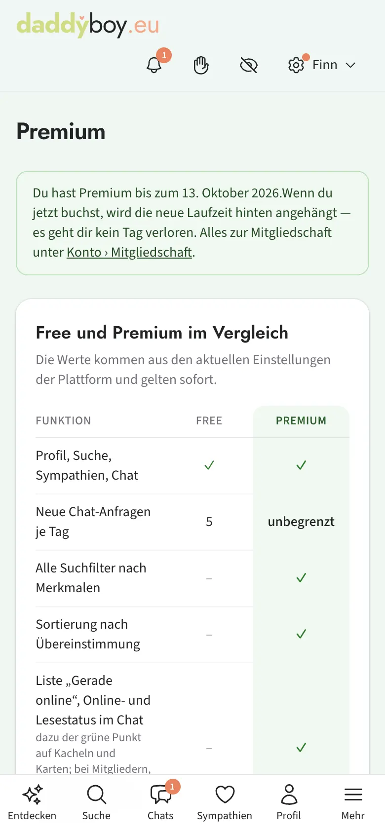 Premium-Seite mit Vorteilen und Laufzeiten