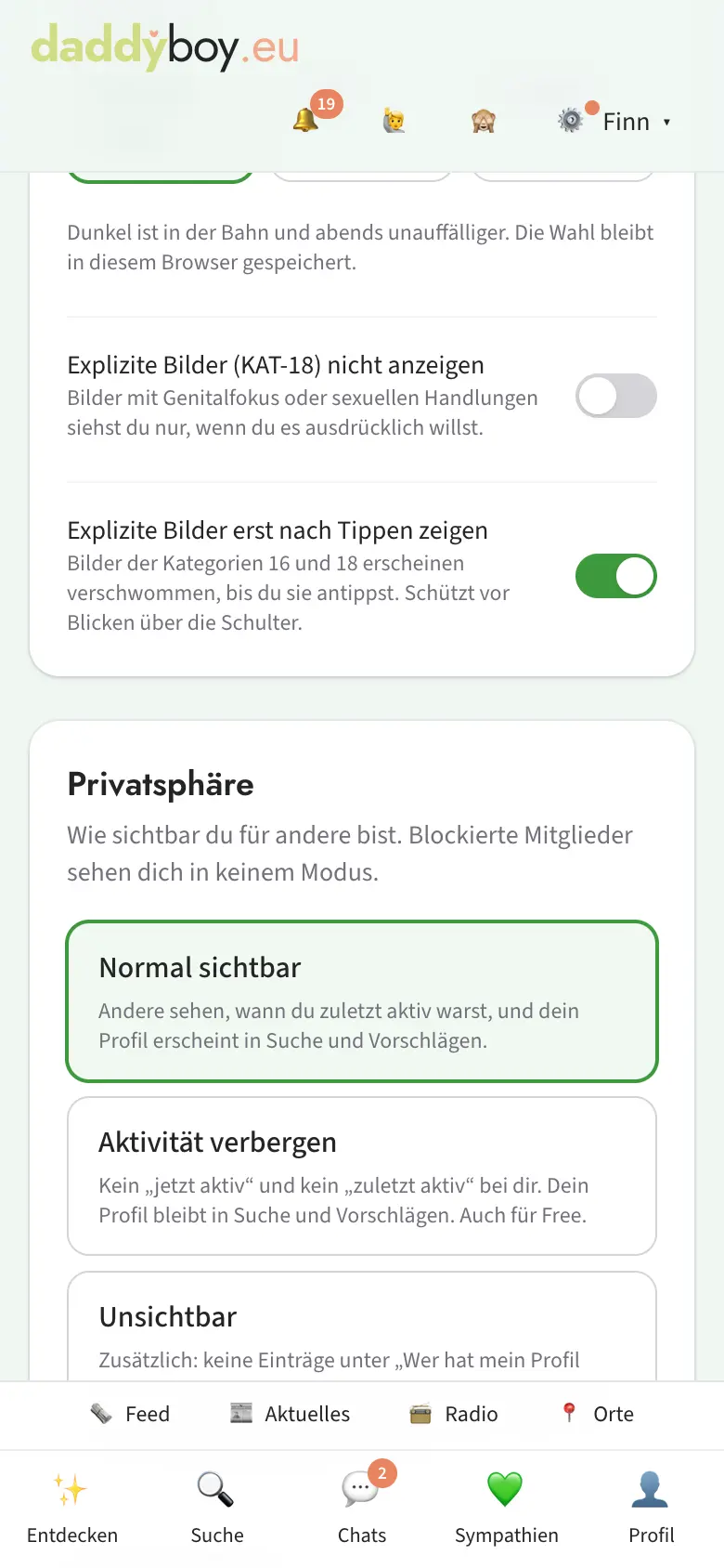 Einstellungen mit Privatsphäre und Tarnung