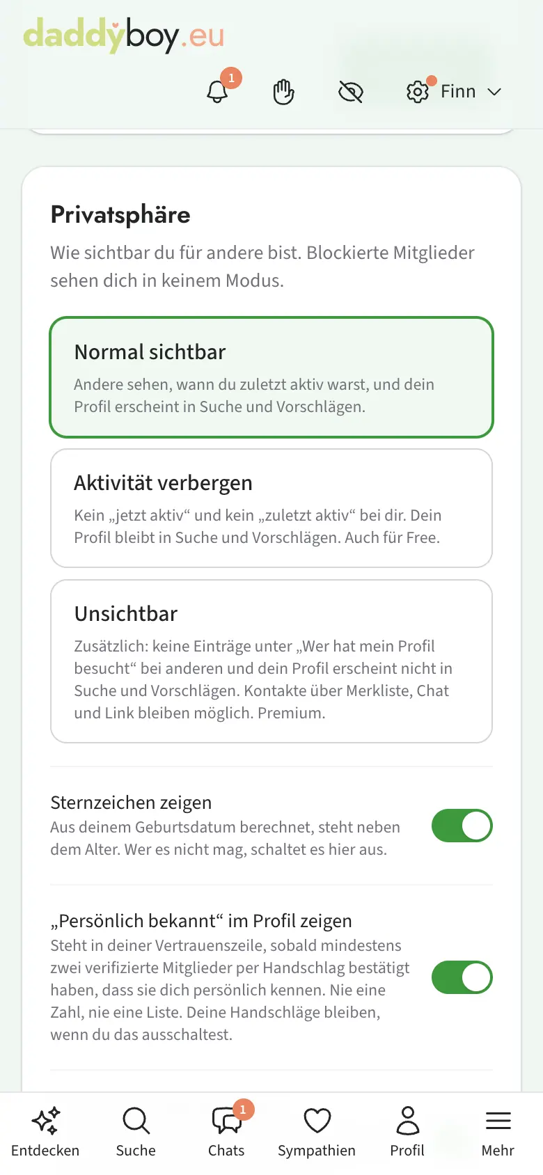 Einstellungen mit Privatsphäre und Tarnung