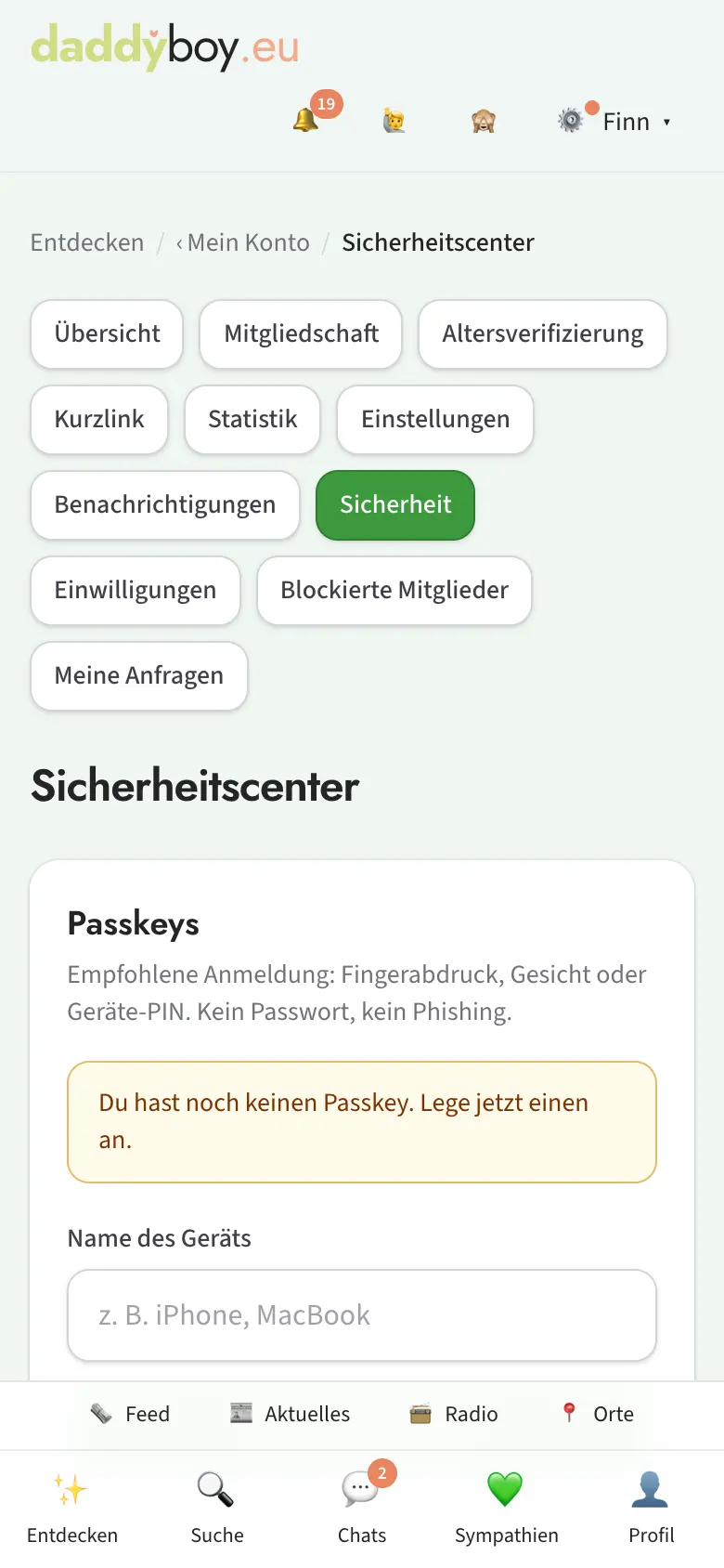 Sicherheitscenter mit Passkeys