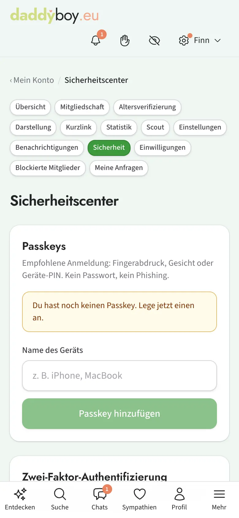 Sicherheitscenter mit Passkeys