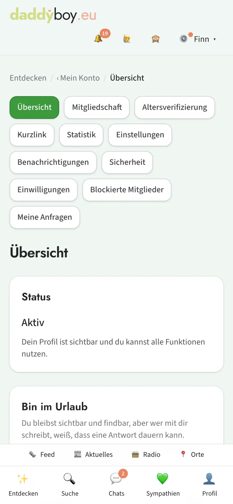 Übersicht mit Urlaub, Pause, Datenkopie und Löschung
