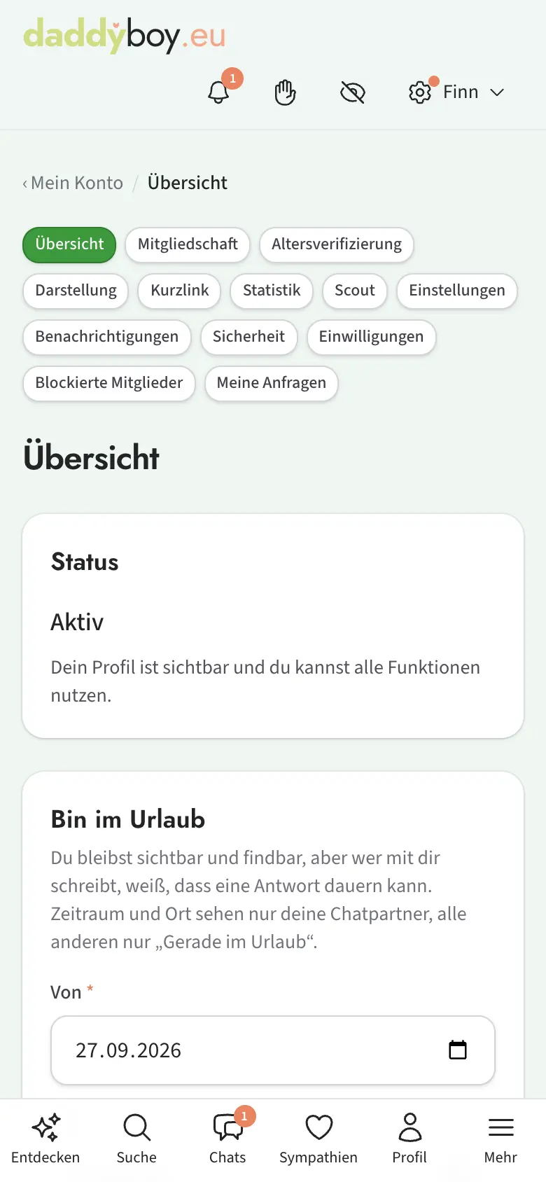 Übersicht mit Urlaub, Pause, Datenkopie und Löschung