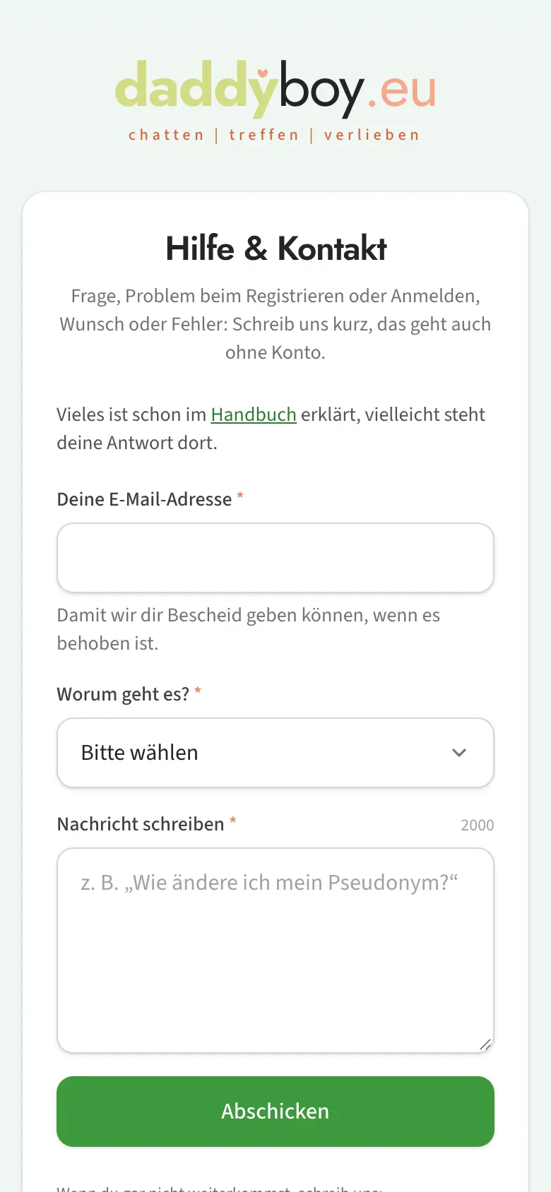 Dialog „Hilfe & Kontakt“ mit Auswahl, Beschreibung und Screenshot-Feld