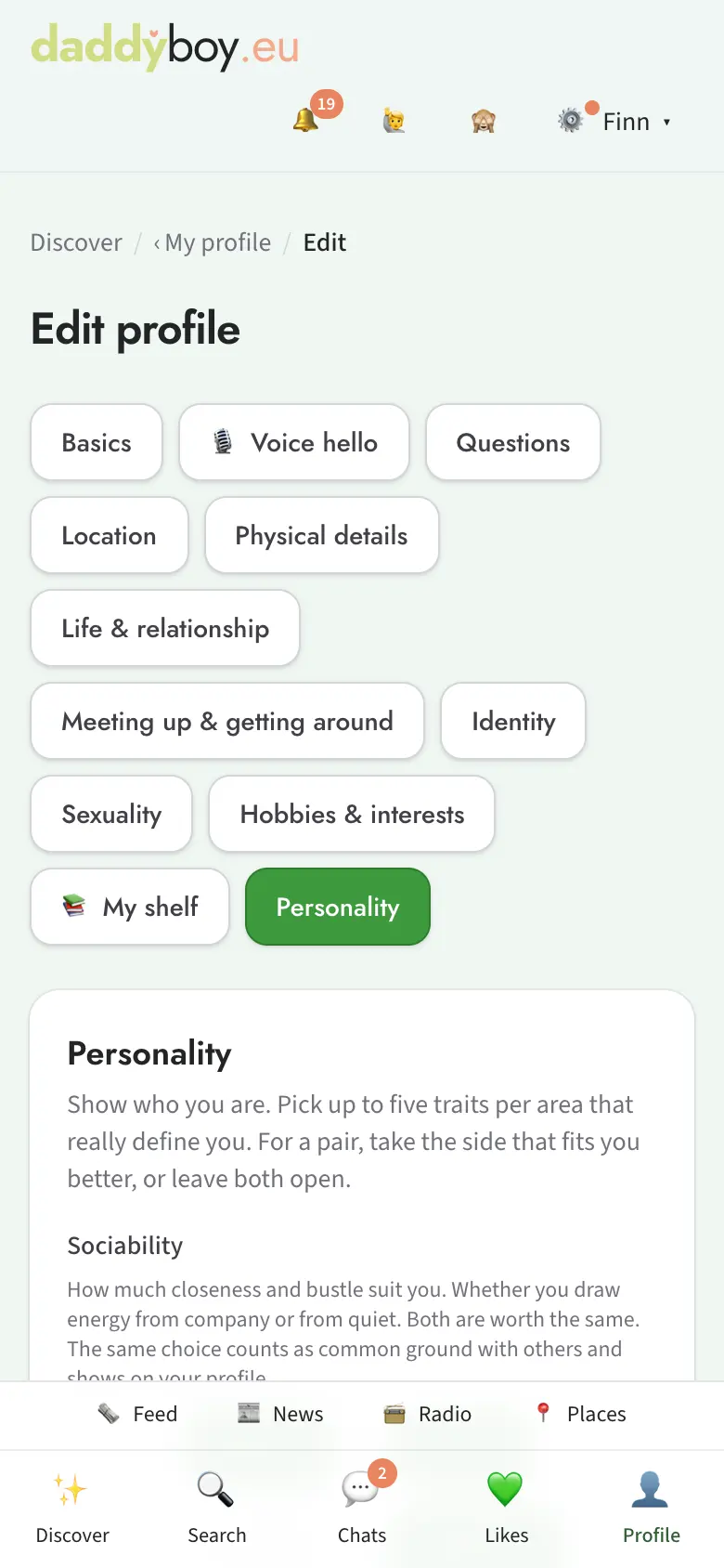 Personality tab with pairs of opposites