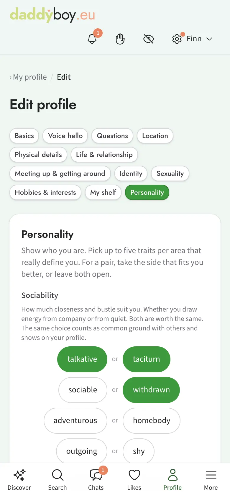 Personality tab with pairs of opposites