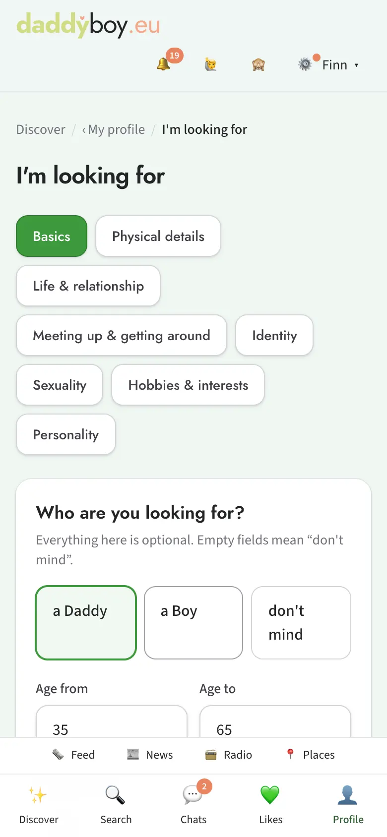 Search profile with basics and wishes