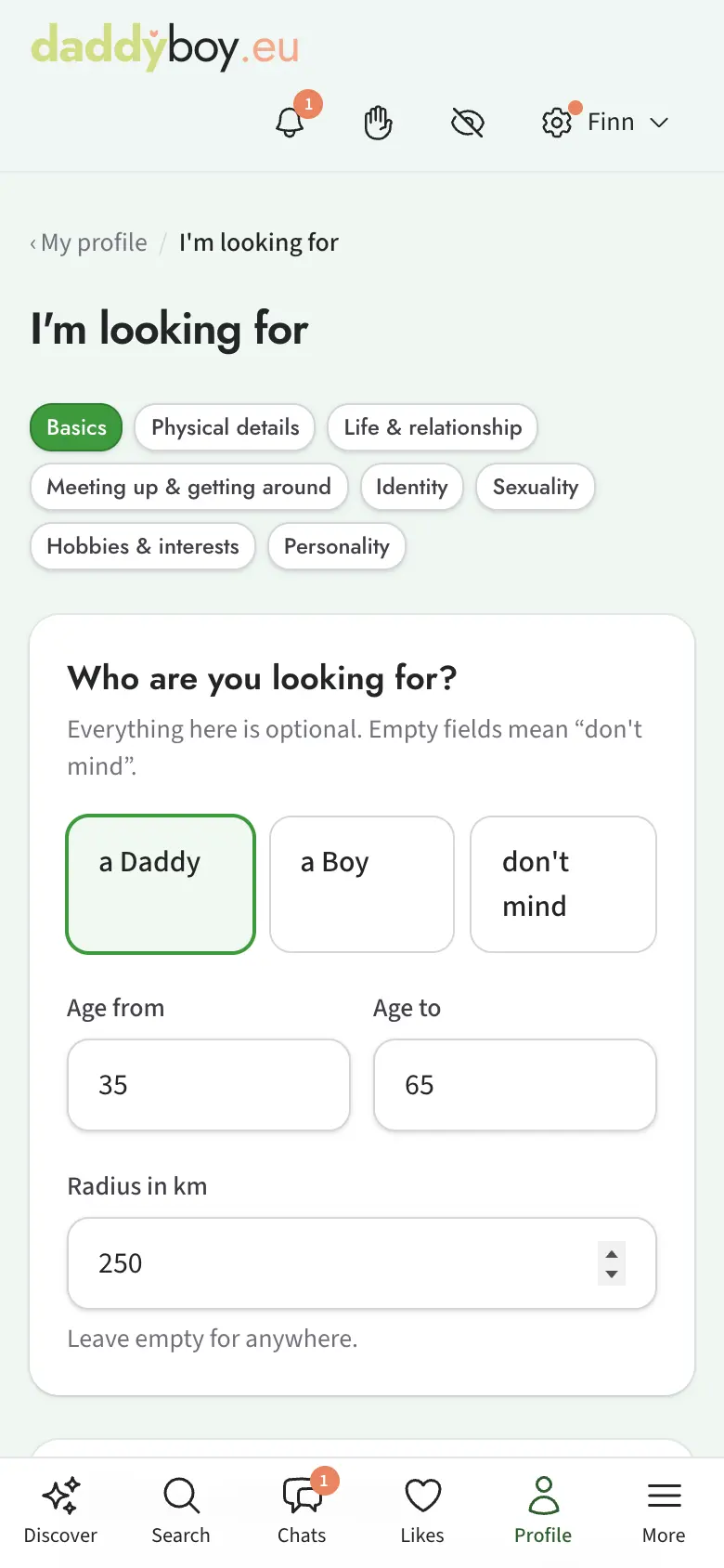 Search profile with basics and wishes