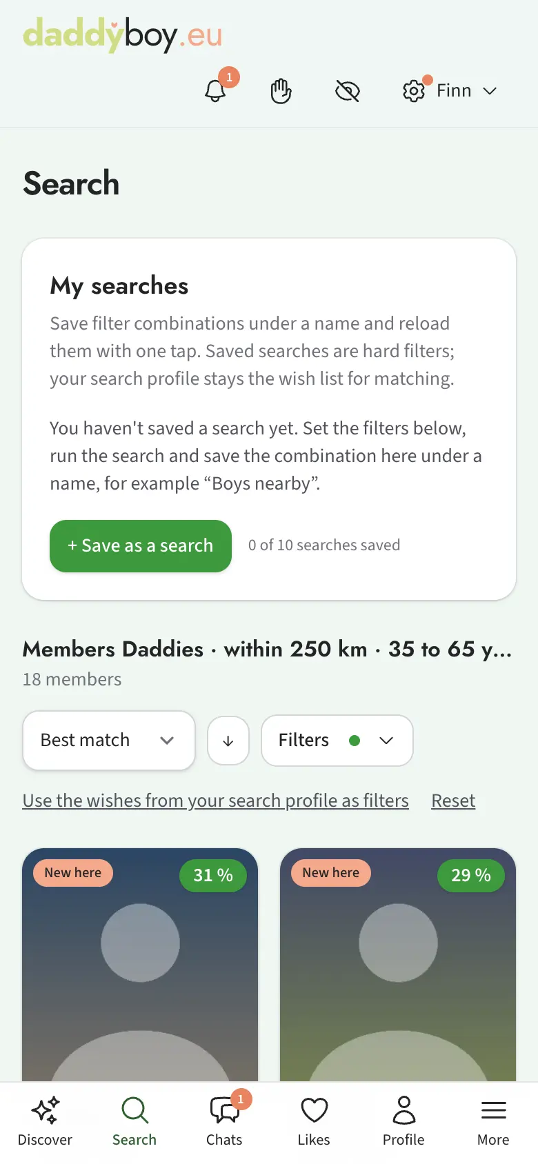Search results with heading, sorting and filter button