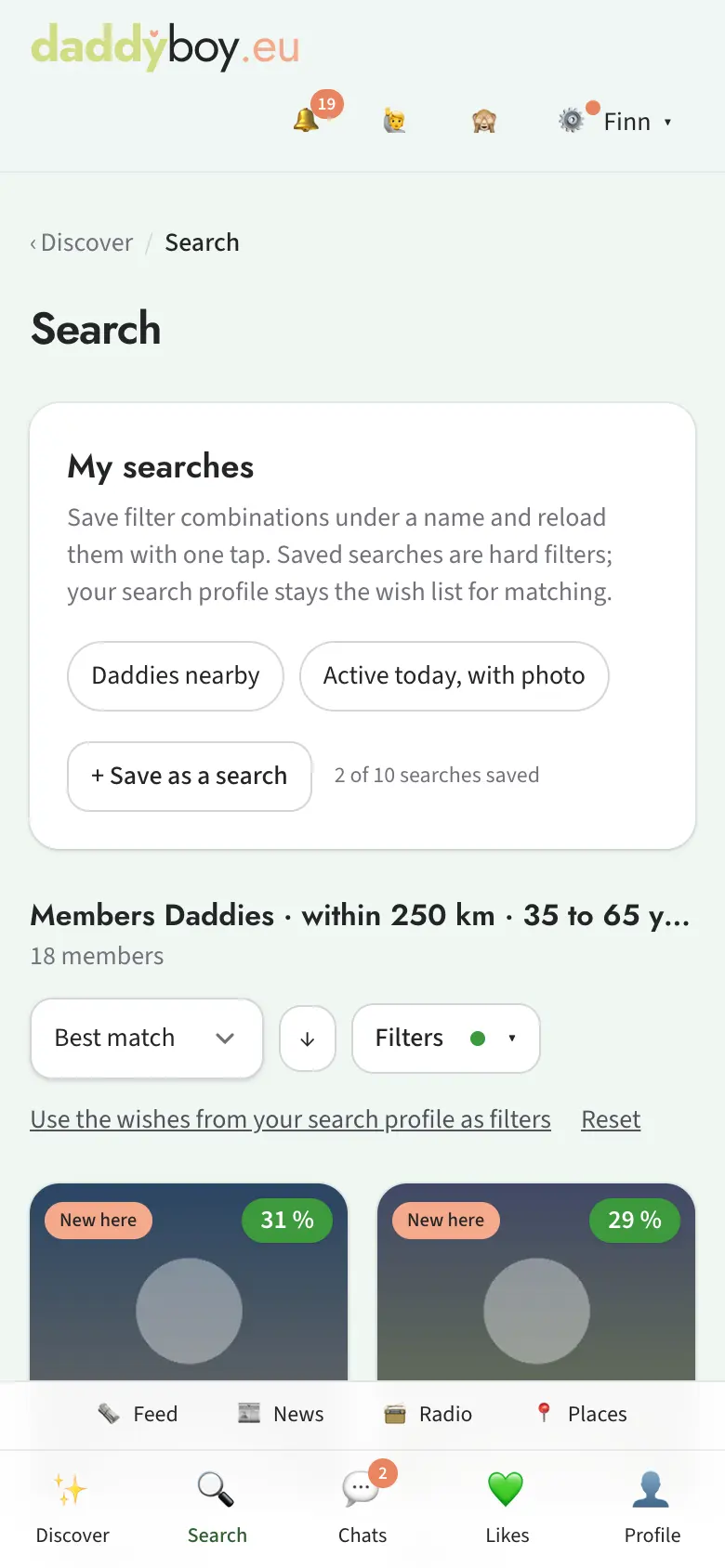"My searches" chips above the results