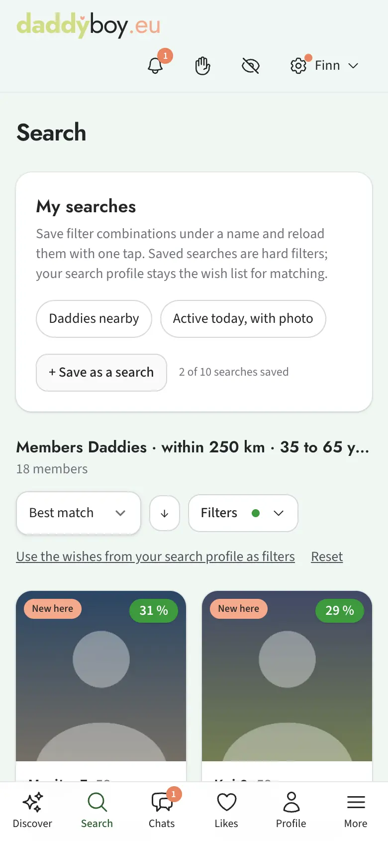 "My searches" chips above the results