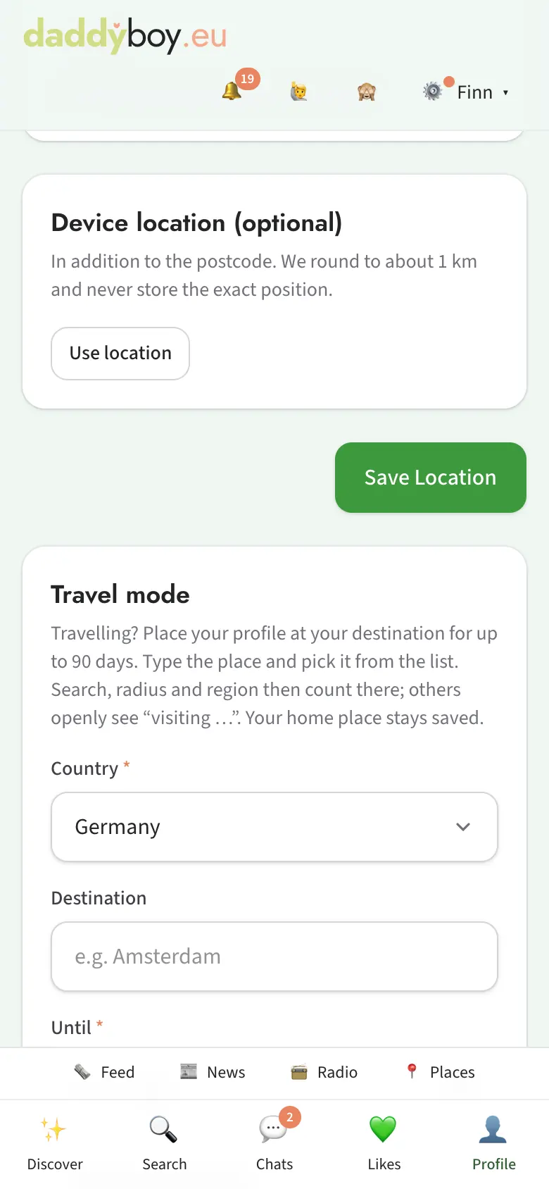 Travel mode with place suggestions