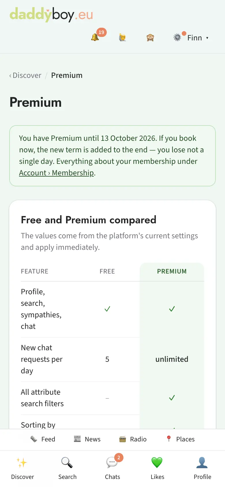 Premium page with benefits and terms