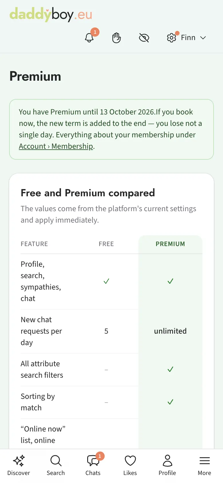Premium page with benefits and terms