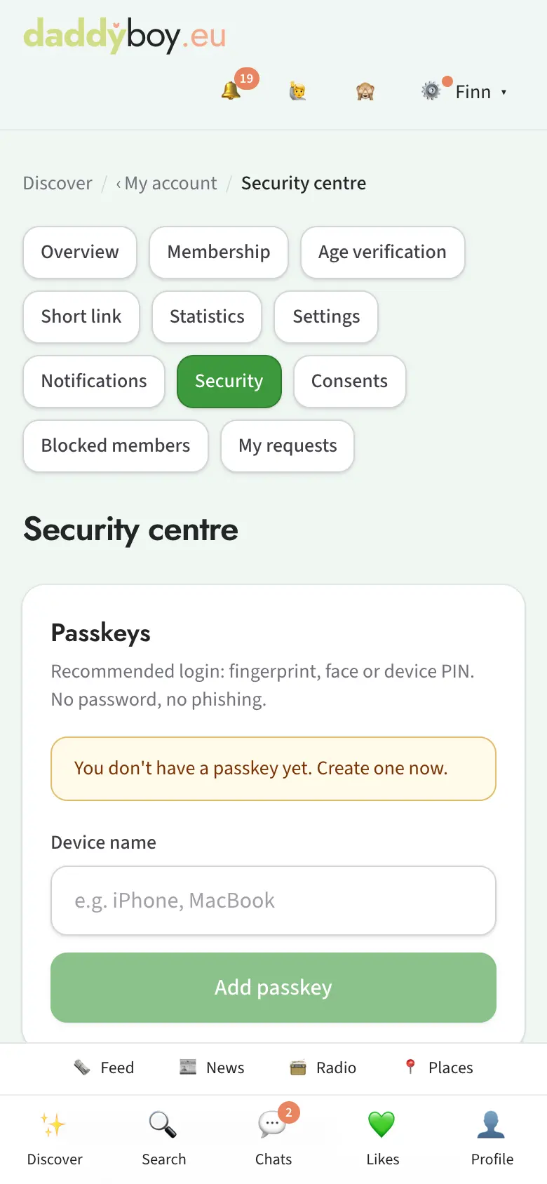 Security centre with passkeys