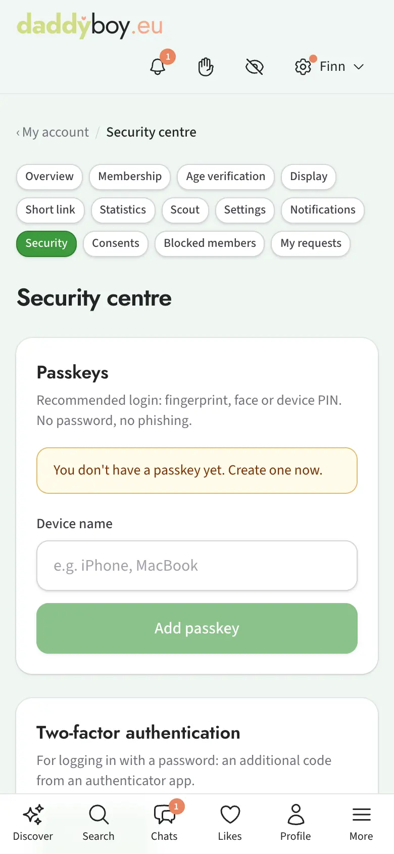 Security centre with passkeys