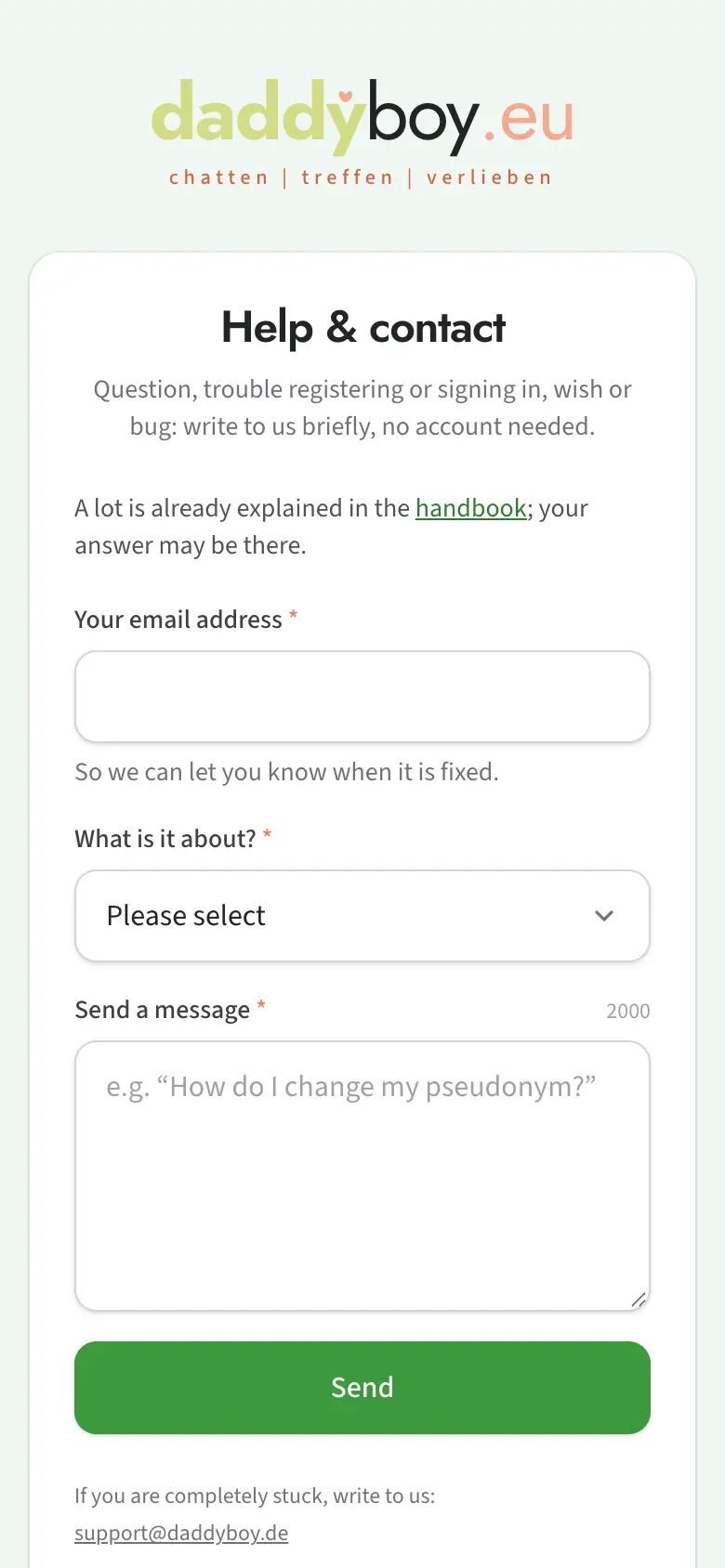 "Help & contact" dialog with choices, description and screenshot field