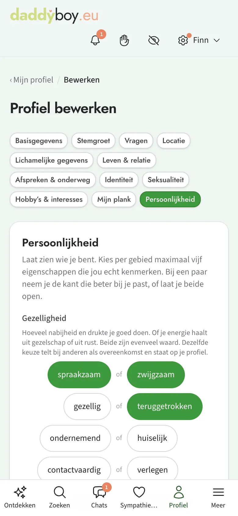 Tabblad Persoonlijkheid met tegenstellingen