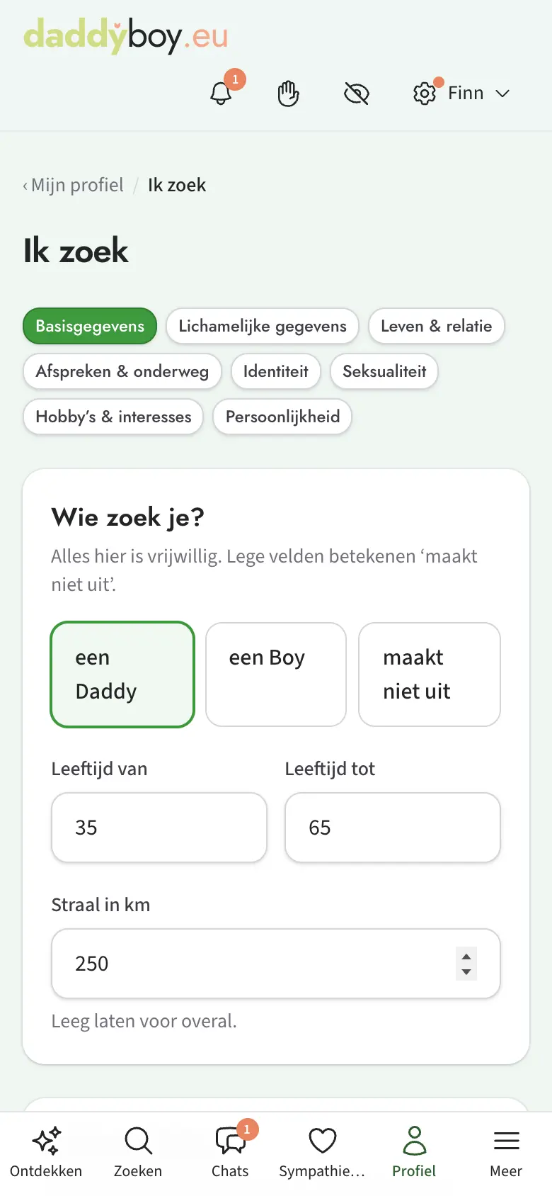 Zoekprofiel met basisgegevens en wensen