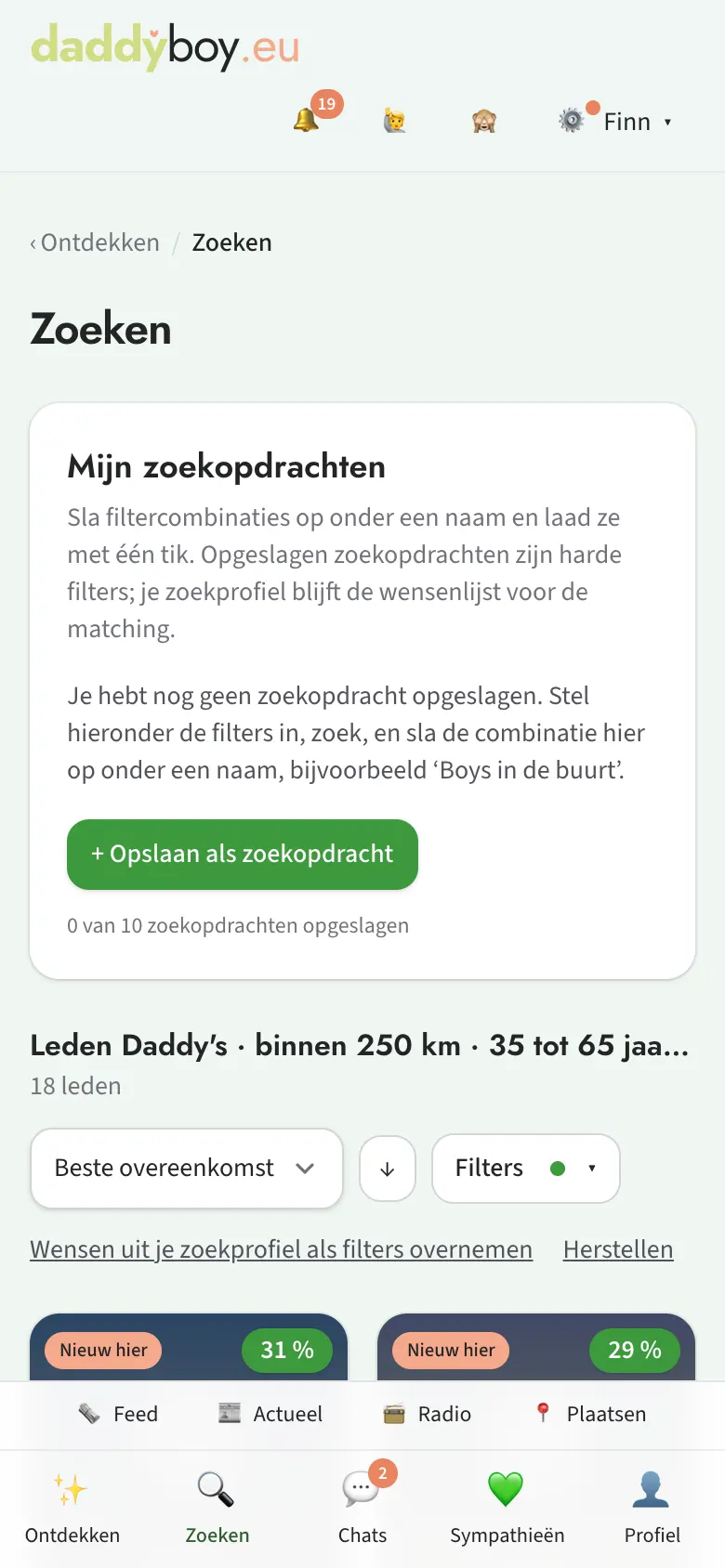 Zoekresultaat met kop, sortering en filterknop
