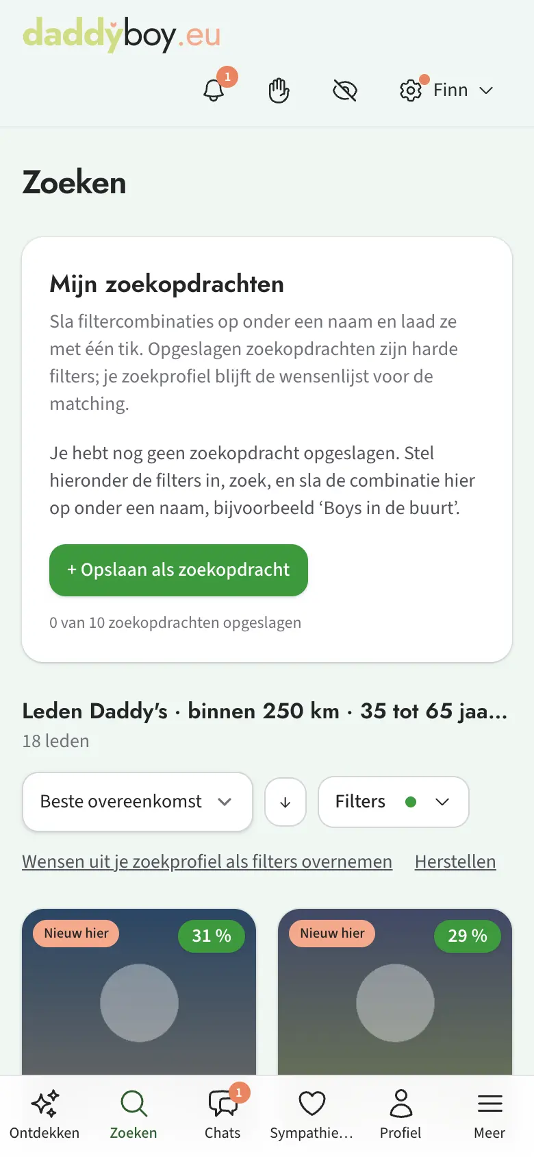 Zoekresultaat met kop, sortering en filterknop