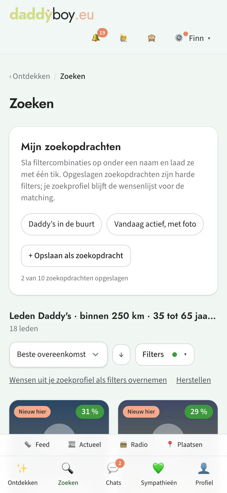 Knoppen „Mijn zoekopdrachten” boven de resultaten