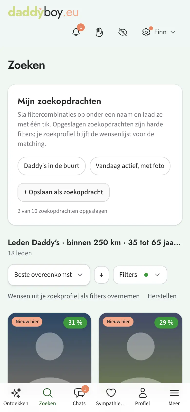 Knoppen „Mijn zoekopdrachten” boven de resultaten