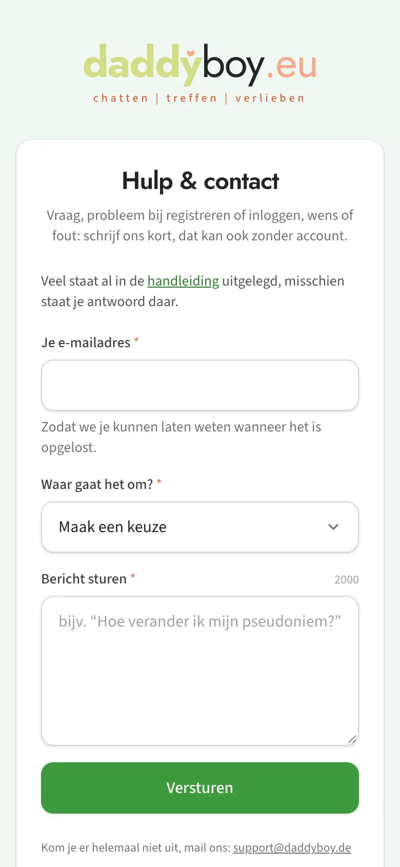 Venster „Hulp & contact” met keuze, beschrijving en veld voor een screenshot