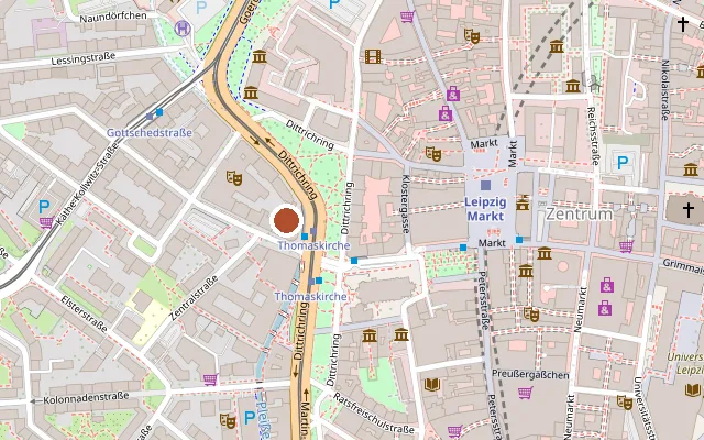 Kaart met de ligging van Tram 9 Thomaskirche